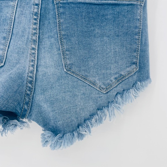 KanCan Distressed Denim Micro Shorts Frayed Hem Blue Size 0 Y2K Style Mini - Picture 5 of 8